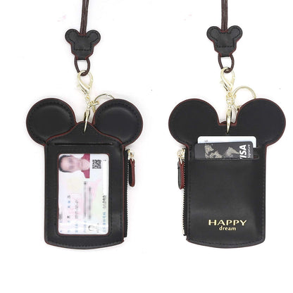Ondeam ID Holder With Lanyard Badge Holder,PU Leather newchic Cute Animal Shape neck wallet for Women(Black)