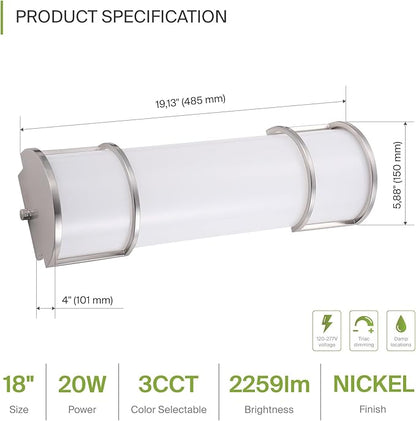 ASD LED 18" Vanity Flush Mount Light Fixture, Linear Bathroom Lighting Bar | 3CCT, Dimmable, ETL Listed | 20W 2300LM 3000-5000K 100-277V | Long Tube Bath Wall Sconce Over Mirror | Nickel, 4 Pack