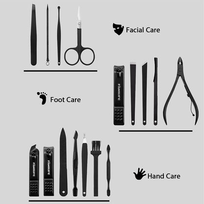 FAMILIFE Manicure Set, Nail Professional Kit Manicure Kits Nail Clipper Sets, 13PCS Stainless Steel Pedicure Sets Mens Grooming Tool, with Brown Leather Travel Case for Men