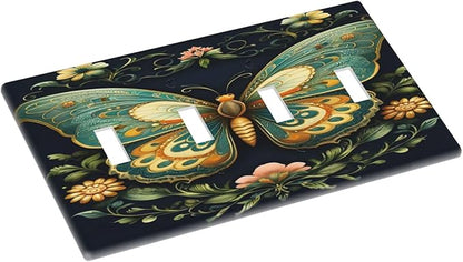 Butterfly Ornate with Flower Light Switch Covers Quad Toggle 4 Gang Wall Plate Decorative Switchplate Electrical Faceplate for Farmhouse Bathroom Living Decor