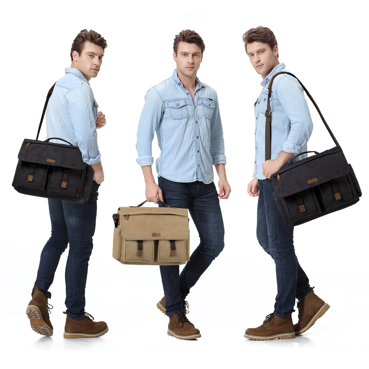 Messenger Bag for Men, VASCHY Vintage Water Resistant Waxed Canvas Satchel 15.6 inch Laptop Briefcase Shoulder Bag with Padded Shoulder Strap Gray