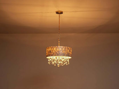 4-Lights Drum Capiz Shell Crystal Chandeliers, Coastal Style Pendant Light Fixture for Dining Room, Living Room, D16 x 20~67"(Adjustable), Shell Lampshade & Gold Finish