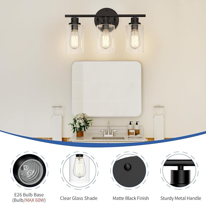 GORDNWE Modern Farmhouse Vanity Light Fixtures - 3 Light Matte Black Bathroom Lighting Over Mirror, E26 Bulb Base