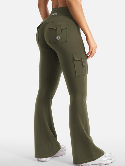 YEOREO CoreFlex Women Workout Flare Leggings with Pockets Hidden Scrunch High Waisted Cargo Gym Yoga Leggings Army Green XXL