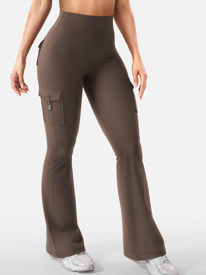 YEOREO CoreFlex Women Workout Flare Leggings with Pockets Hidden Scrunch High Waisted Cargo Gym Yoga Leggings Coffee M