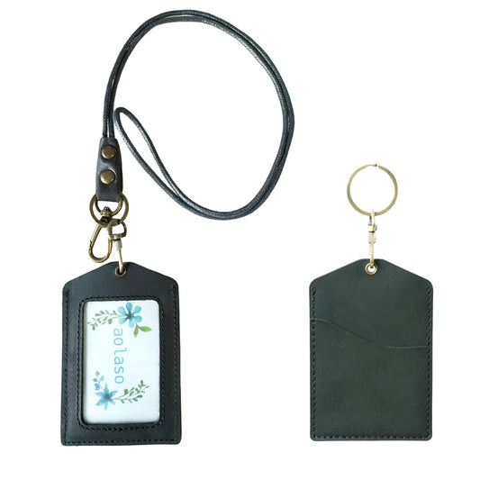 Badge Holder Vertical Handmade Leather ID Card Badge Holder Keychain with Heavy Duty Lanyard for Men Women (Black Leather)