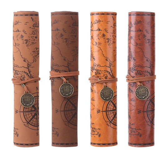 TOTUUYO 4 Color Leather Pen Case Vintage Pencil Bag Roll Map Compass Pattern Rolling Brown Matte Smooth Cover Storage Organizer Holder Portable Stationery Pouch for Artists Writers Travel
