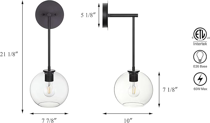 XiNBEi Lighting Wall Sconce, Retro 1 Light Globe Glass Bathroom Vanity Light Matte Black Finish XB-W1263-MB