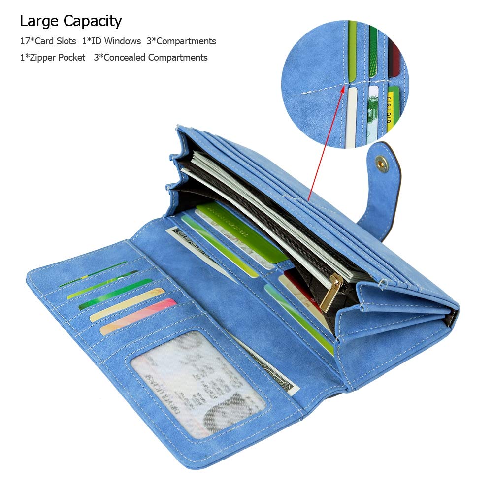 Cynure Women's Vegan Leather 17 Card Slots Card Holder Long Big Bifold Wallet,Light Blue