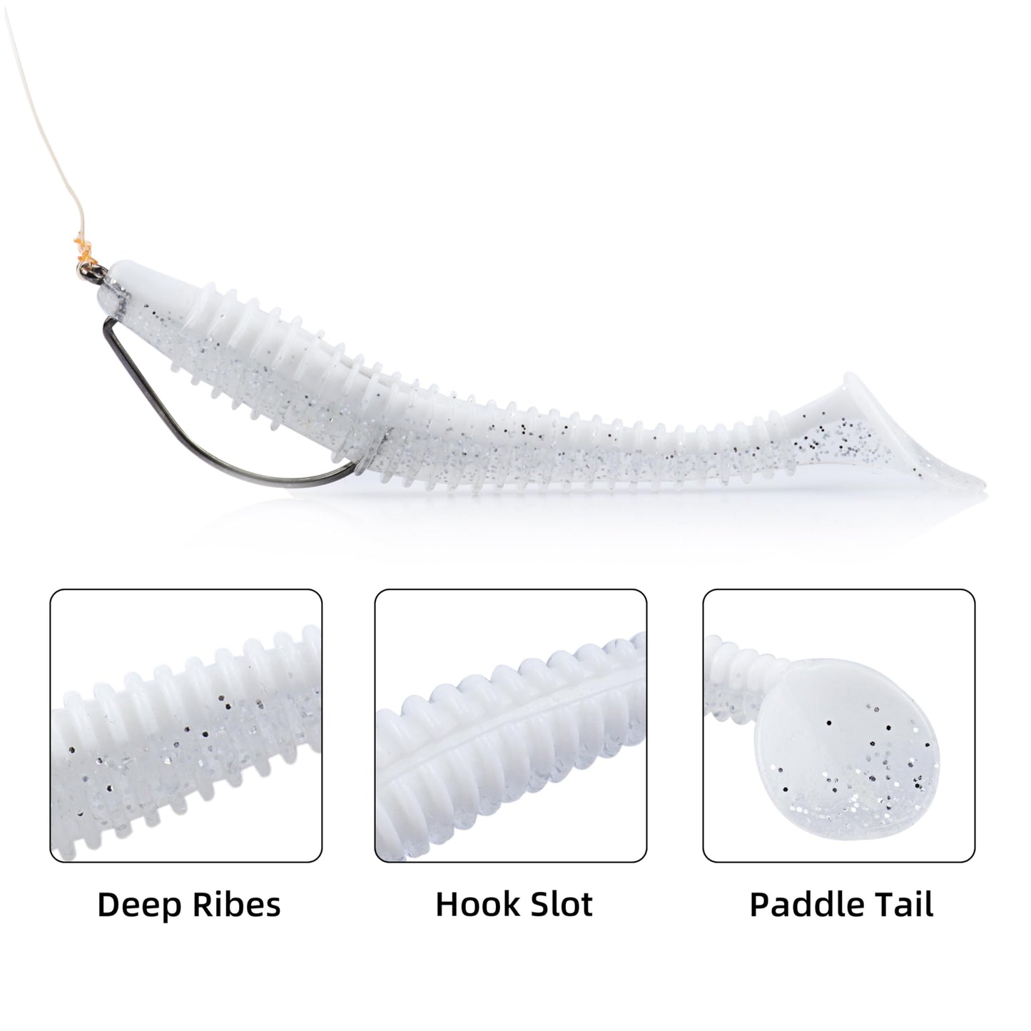 100pcs Swimbaits Paddle Bulk Lure Kit, Soft Fishing Lures for Bass Trout Crappie, Durable Swimmer for Saltwater/Freshwater（Silvery White, 3in）