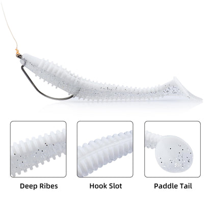 100pcs Swimbaits Paddle Bulk Lure Kit, Soft Fishing Lures for Bass Trout Crappie, Durable Swimmer for Saltwater/Freshwater（Silvery White, 3in）