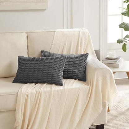 Fancy Homi Dark Grey Lumbar Decorative Throw Pillow Covers 12x24 Inch for Living Room Couch Bed Sofa, Rustic Farmhouse Boho Home Decor, Soft Striped Corduroy Rectangle Cushion Case 30x60 cm