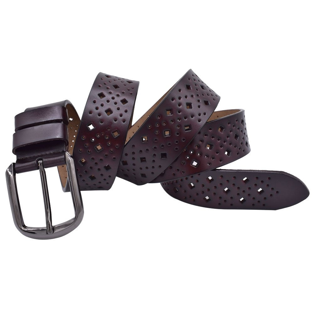 VONSELY Hollow Leather Belts for Women, Soft Leather Womens Belts with Pin Buckle (1.5" Wide Coffee)