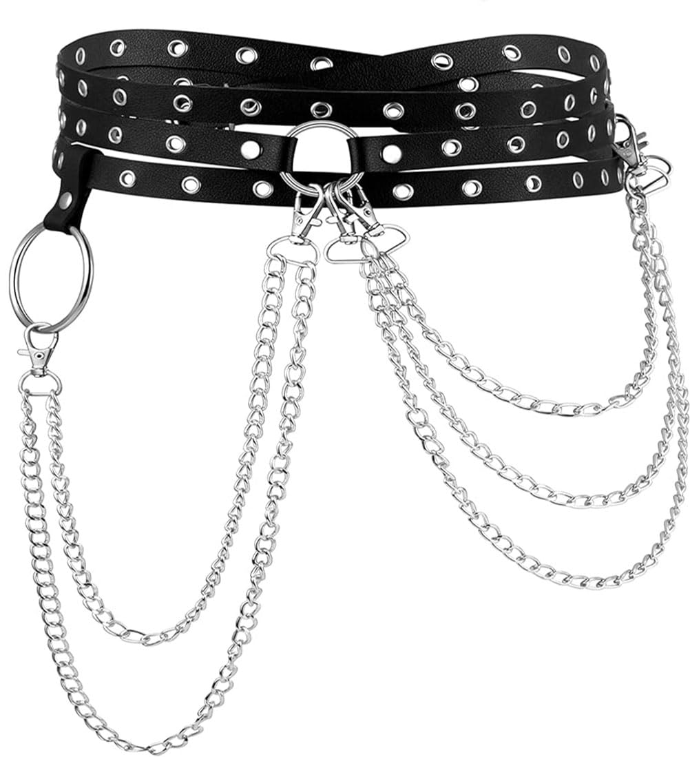HUI GUO Women's Gothic Body Chain Belt Leather Punk Waist Belt with O-ring Metal Chain Tassel Adjustable Buckles(Black3), One Size