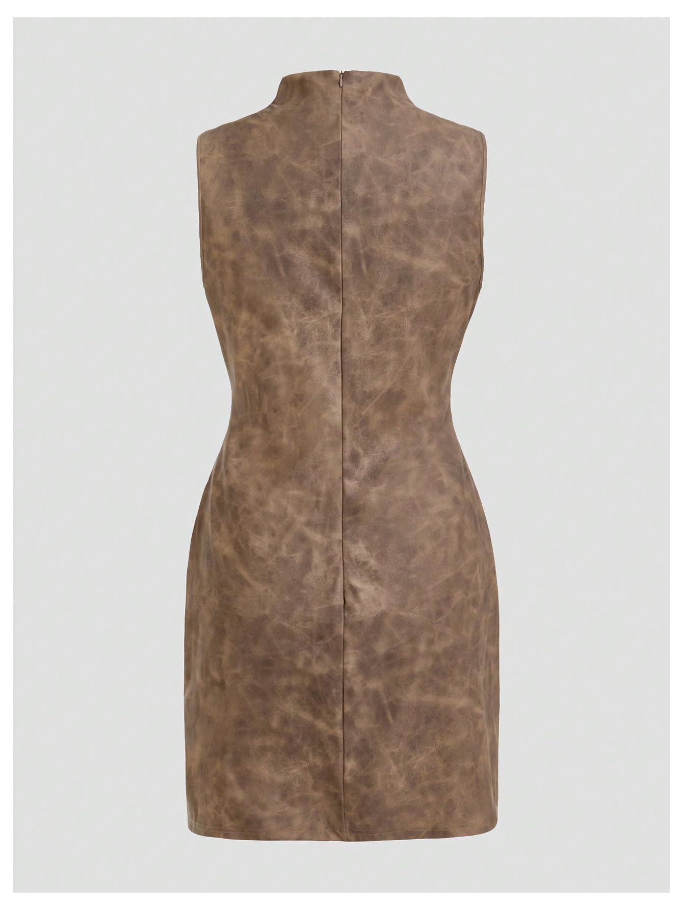 RoseSeek Women's PU Leather Ruched Bodycon Dresses Mock Neck Sleeveless Zipper Mini Tank Dress Mocha Brown Large