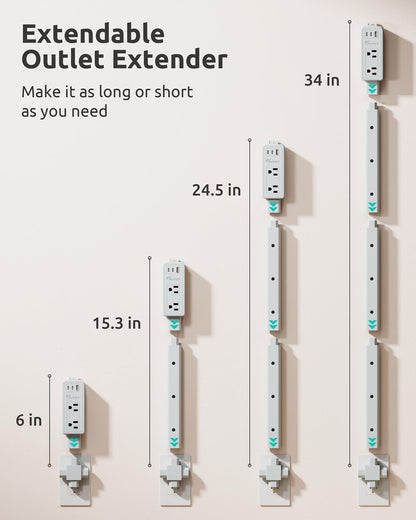 NUTICT Electrical Outlet Extender Stick, 2 AC Outlets & 2 USB-C & 1 USB-A Port, Flexible Extends 6"-34", Hide Behind Couches, Nightstands, Beds, Desks, Grey