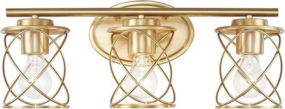 Mavcadonf Modern Vanity Lights with Cage Shade - 3 Lights, Brushed Gold, Over Mirror, for Bathroom & Kitchen