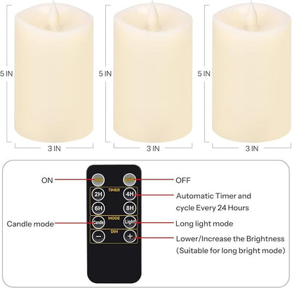3PCS, 3 x 5 inches Flameless Candle with Remote Control, 3D Flickering Wick, Real Wax, Battery Candles,with Timer,Battery Powered Candles,for Holiday Home Decor,Ivory