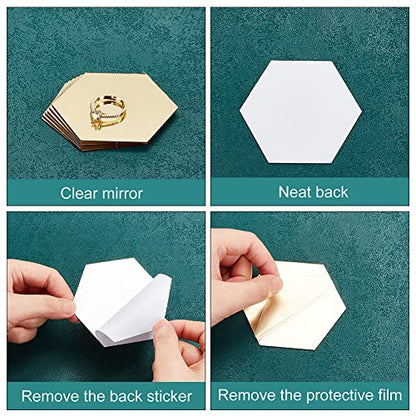 OLYCRAFT 24Pcs Hexagon Mirror Wall Stickers Removable Self-Adhesive Mirror Tile Acrylic Wall Decals Acrylic Mirrors Tiles Gold Decal for DIY Craft Home Decorations - 4x3.4 Inch
