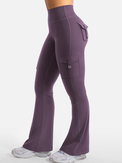 YEOREO CoreFlex Women Workout Flare Leggings with Pockets Hidden Scrunch High Waisted Cargo Gym Yoga No Front Seam Leggings Black Berry Purple S