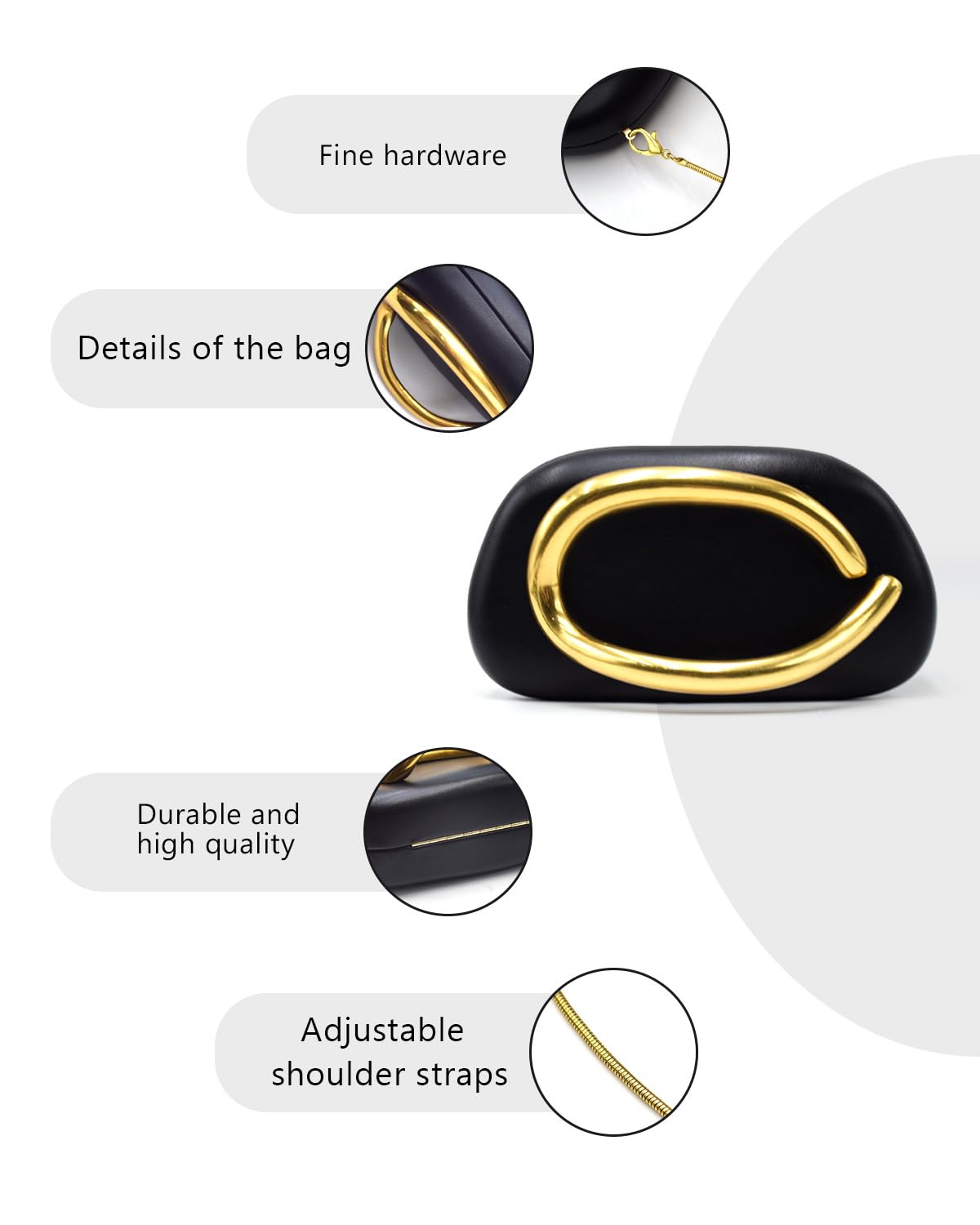 blinkgooblink Black Evening Clutch Purse for Women Formal, PU Leather Wedding Guest Clutch Metal Chain Shoulder Bag, Crossbody Purse for Party Prom
