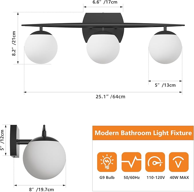 Black Bathroom Light Fixtures, 3-Light 25.1 Inch Modern Vanity Lights with Milky White Frosted Glass Shades, Wall Sconces for Bathroom, Bedroom, Living Room(G9 Bulb not Included)