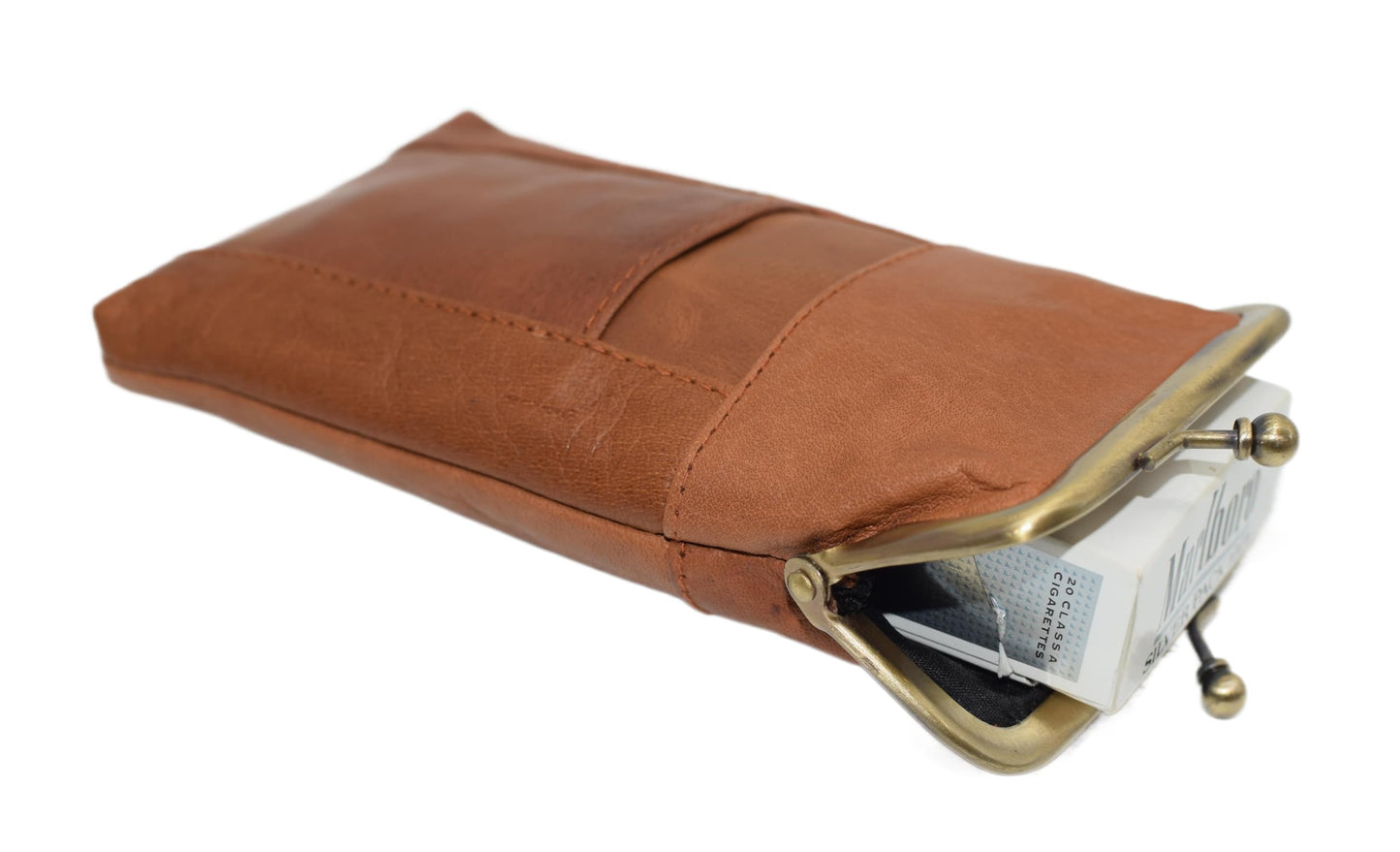 Genuine Leather Tan Cigarette Case Holder Slim Pack Regular or 100's & Lighter Pocket with Metal Twist Clasp (Tan)
