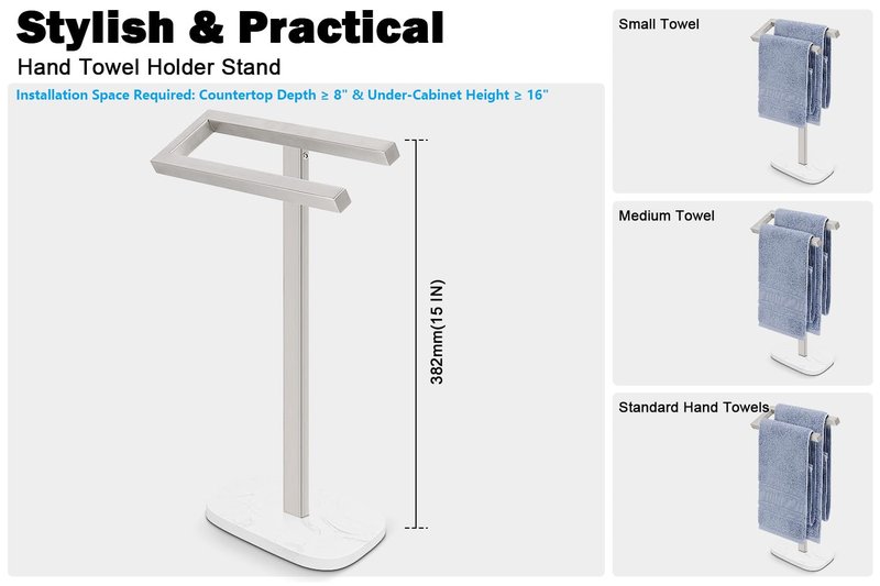 Livabber Standing Hand Towel Holder, 304 Stainless Steel Hand Towel Rack Stand with Heavy Marble Base, Bath Accessories, Towel Ring for Bathroom Kitchen Countertop, 14 Inch (Brushed Nickel)