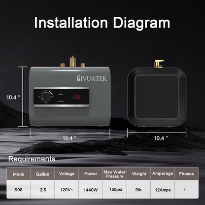 2.5 Gallon Electric Mini-Tank Water Heater, 1440W 120V Under Sink Instant Hot Water Heater, Point-of-Use for Kitchen Bathroom RV, LED Display, Easy Floor Mount