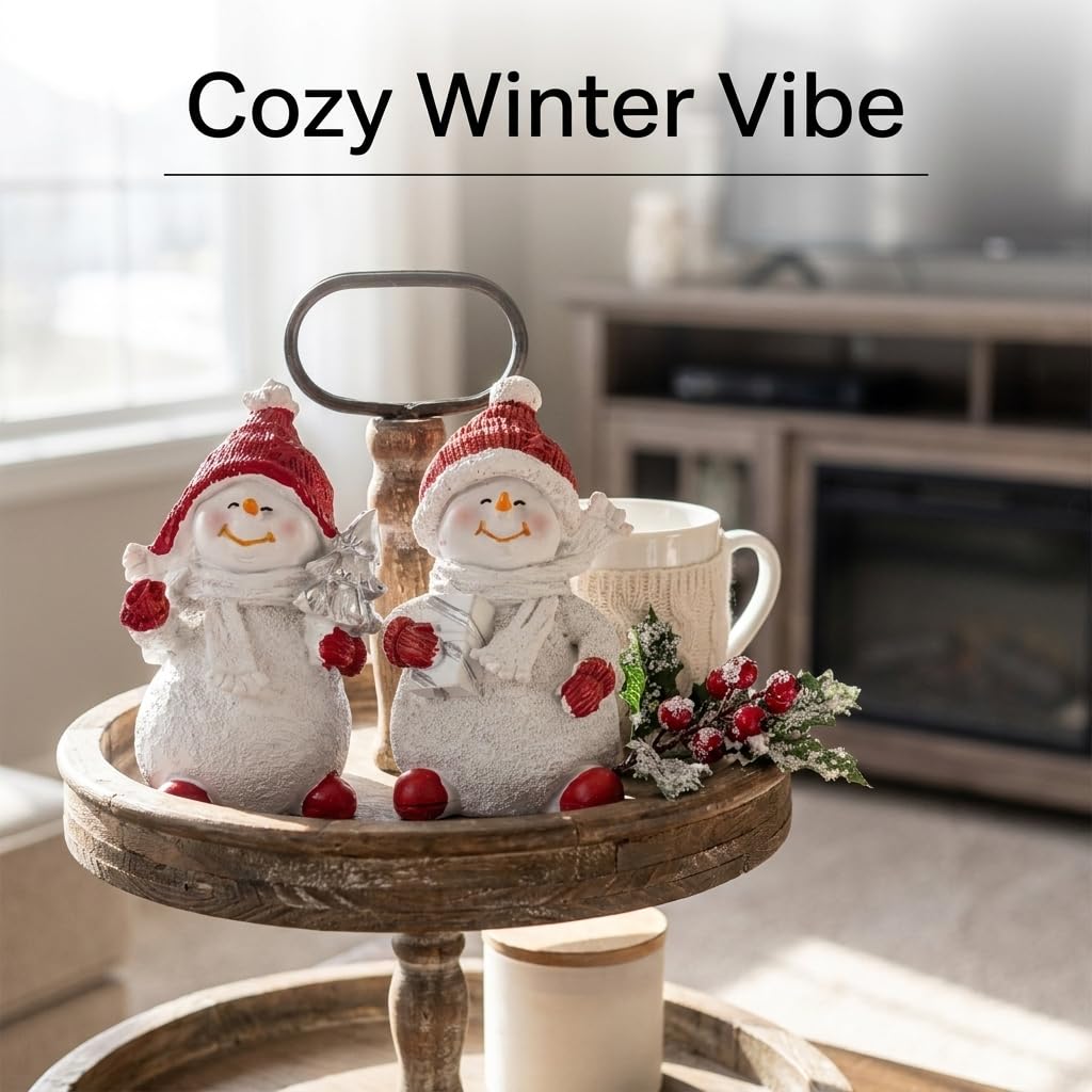 Brizoria Snowman Figurines Set of 2 White Resin Christmas Decorations with Red Accents Winter Mantel Decor and Holiday Centerpieces for Table Home Indoor Tiered Tray Room Display
