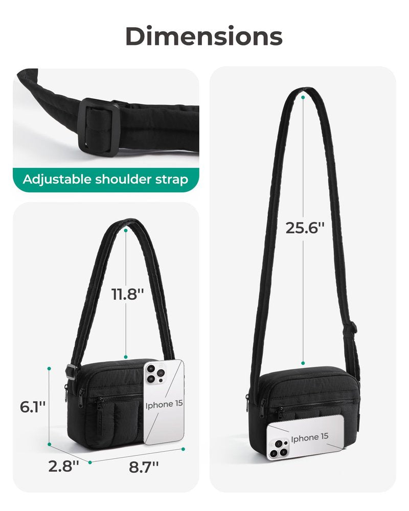 BAGSMART Cross Body Purse, Mini Crossbody Bags for Women Travel Purse, Puffy Shoulder Handbag Wallet with RFID Blocking Slots, Black-small