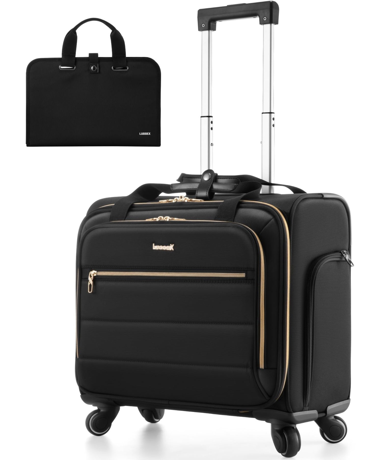 LUGGEX Rolling Laptop Bag with Wheels, 17.3" Soft Sided Laptop Rolling Briefcase with 4 Spinner Wheels - Lightweight Carry On for Business Travel Overnight (UDS-Core, Black, 18 Inch)
