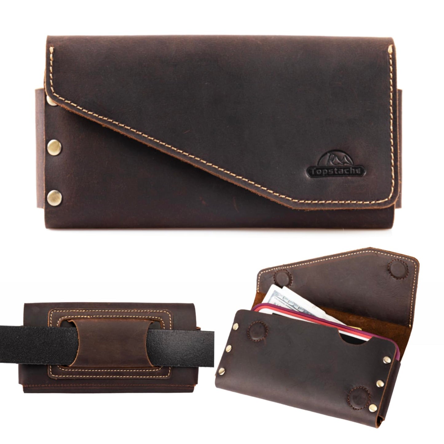 Topstache Leather Phone Holster - Leather Belt Pouch with Card Holder for Galaxy S25/S24 - Magnetic Closure Belt Loop Cell Phone Holder Pouch for iPhone 17/17 Pro/16/16 Pro, L,Darkbrown