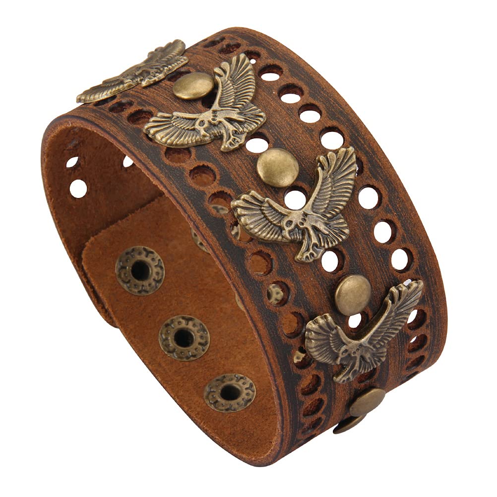 Jeilwiy Brown Leather Bracelet Mens Wide Bracelet Brown Eagle Cuff Bracelet Wrap Bangle Punk Leather Bracelet