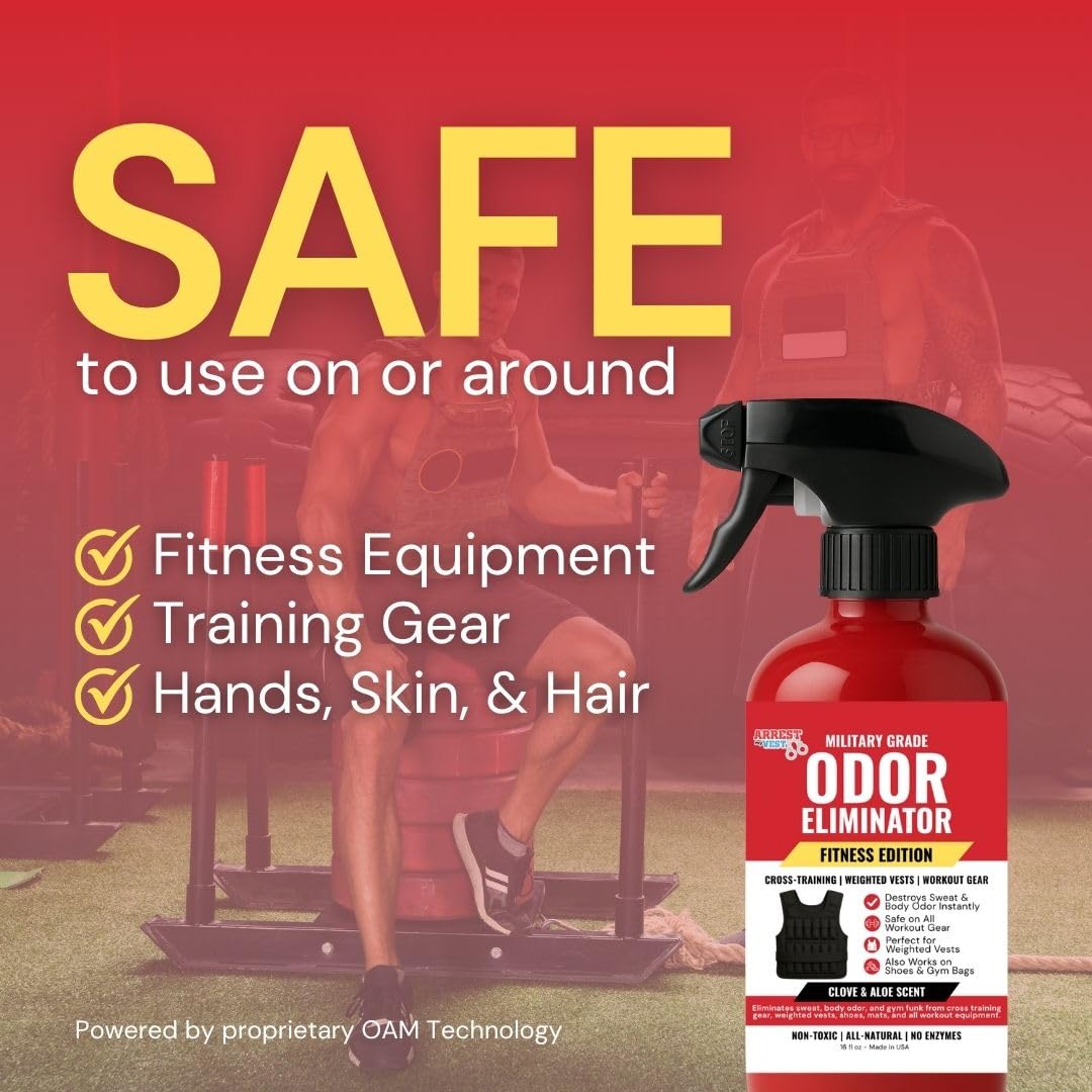 Arrest My Vest Fitness Edition Odor Eliminating Spray for Weighted Vests, Gym Bags & Workout Gear - All Natural Sports Gear Deodorizer - Clove & Aloe Fragrance 2 Pack (16 oz)