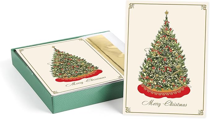 Masterpiece Elegant Tree Christmas Cards / 15 Boxed Winter Holiday Card Set With With Gold And Red Foil Accents And Gold Foil Lined Envelopes / 5 5/8" x 7 7/8" Folded Christmas Tree Greeting Cards