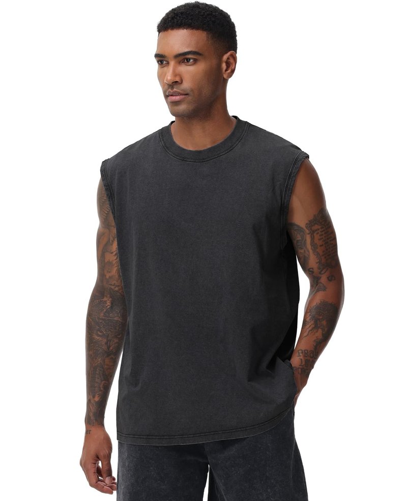 SnowElve 3 Pack Mens Workout Tank Tops Sleeveless Tee Shirts Men Muscle Shirt Gym Acid Wash T Shirts Running Beach Loose Fit Tee(BKAGAC,S)
