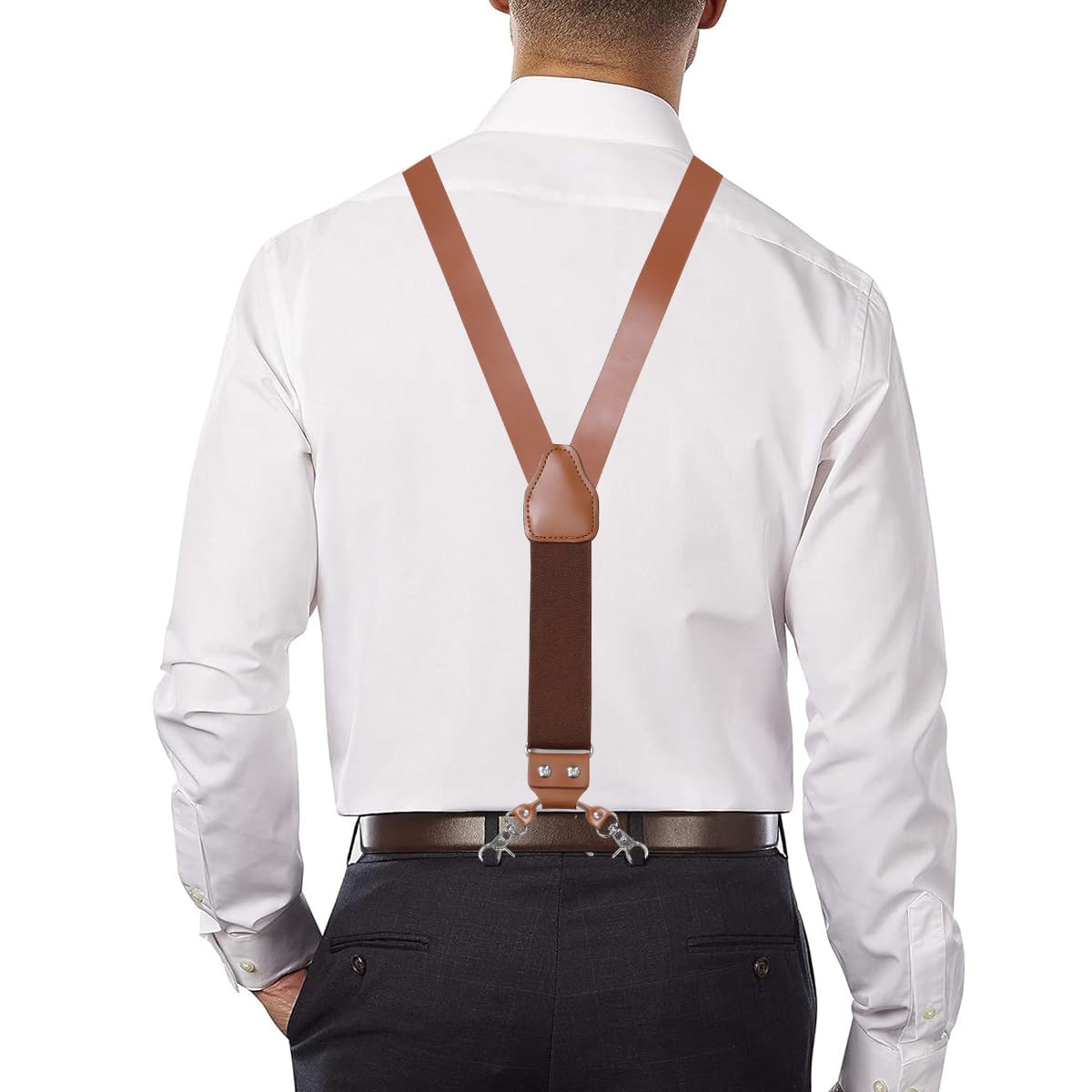 CONLIKE Leather Suspenders for Men Heavy Duty Mens Suspenders for Jeans Dress Pants Groomsmen Gift Wedding Y Back Design Adjustable with Metal Hooks, Brown