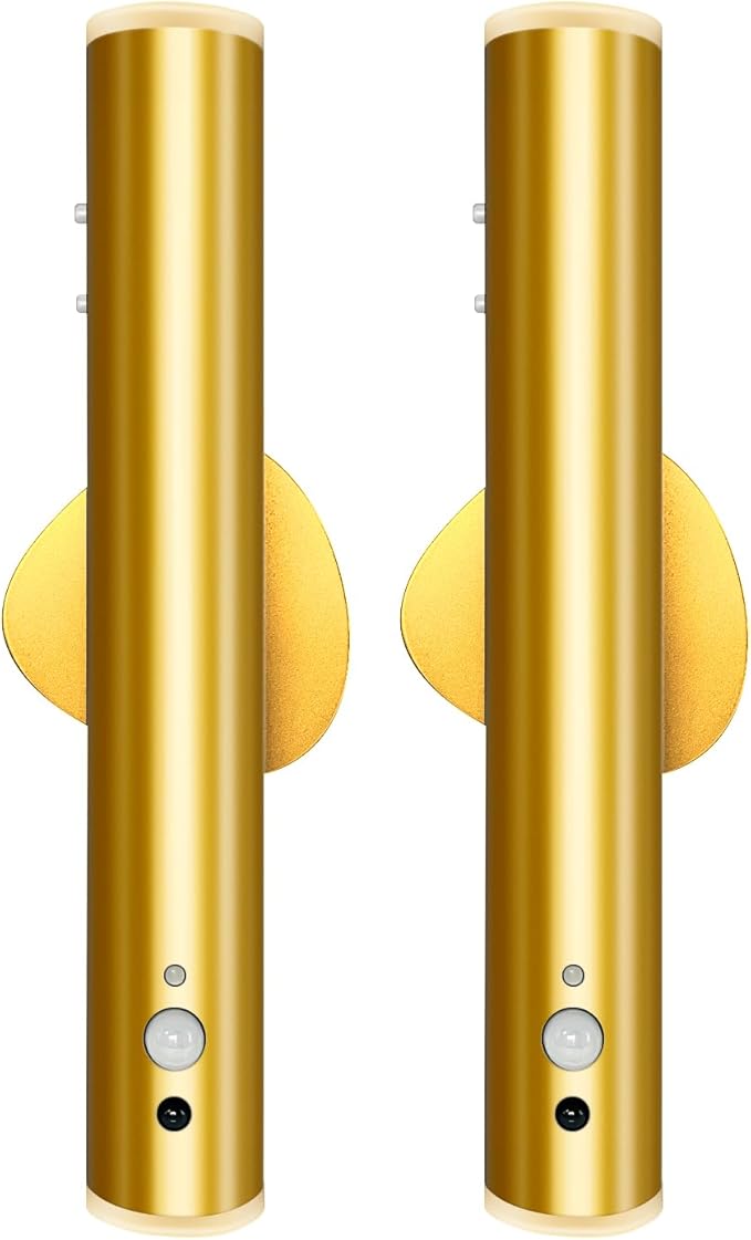 Motion Sensor Night Light, Cordless Battery Powered Magnetic Wall Light, Adjustable 3 Mode Lighting, 2 only Mounted, Corridor Staircase Sensor Night Light (2 pcs-Gold)