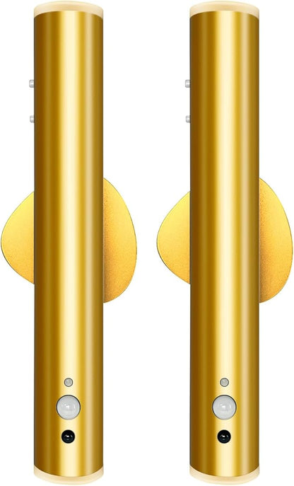 Motion Sensor Night Light, Cordless Battery Powered Magnetic Wall Light, Adjustable 3 Mode Lighting, 2 only Mounted, Corridor Staircase Sensor Night Light (2 pcs-Gold)
