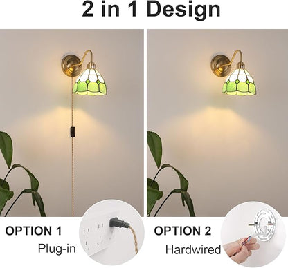 Plug in Wall Sconces Set of 2, Vintage Wall Lamps with Green White Checker Stained Glass Shade, Brass Lights Fixture Decor for Bedroom Bathroom Living Room Hallway