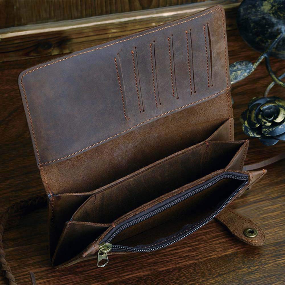 Le'aokuu Mens Genuine Leather Bifold Wallet Organizer Checkbook Removable Chain Wallet