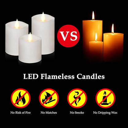 White Flameless Candles Set of 3 | 3 Diameter Realistic Flickering Pillars Candles (3/4/5 Heights) - Battery Operated with Remote Timer, Indoor/Outdoor Decor for Weddings, Fall & Cozy Home