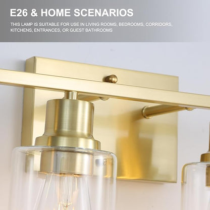 4-Lights Gold Bathroom Vanity Light Fixtures,Brushed Gold Wall Sconces with Clear Glass Shades, Farmhouse Modern Wall Lighting for Mirror,Living Room,Bedroom
