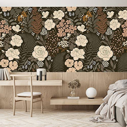 HAOKHOME Peel and Stick Wallpaper Floral Vintage Removable Rose Leaf Black/Brown/Beige Stick on Mural 17.7in x 6.6ft