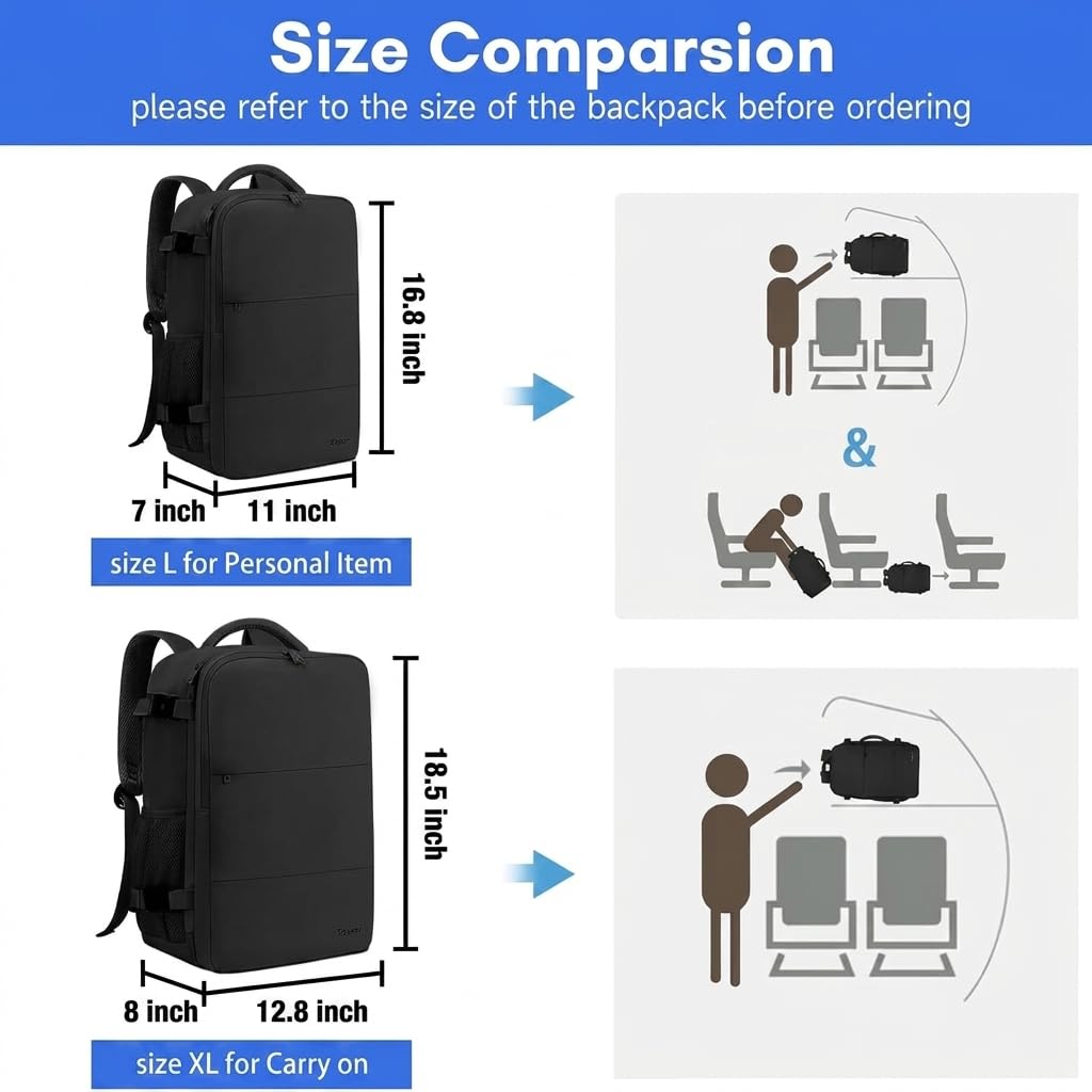 Taygeer Travel Laptop Backpack for Men Women, Airplane Approved Travel Backpack Suitcase with Water Bottle Pocket, Lightweight College 35l Luggage Bag 15.6inch Laptop Mochila Gifts for Business,Black