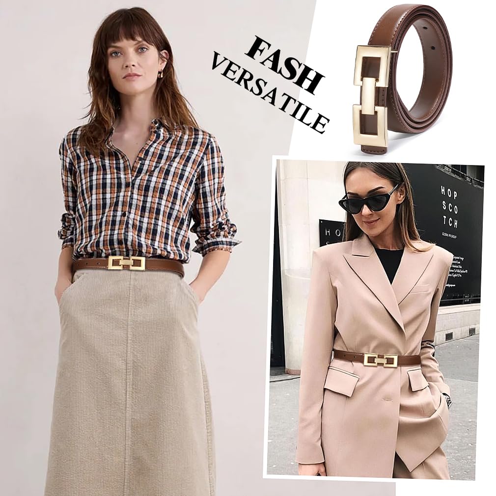 Glamorstar Women Skinny Belts Thin PU Leather Waist Belt with Gold Buckle Brown 102CM/40IN