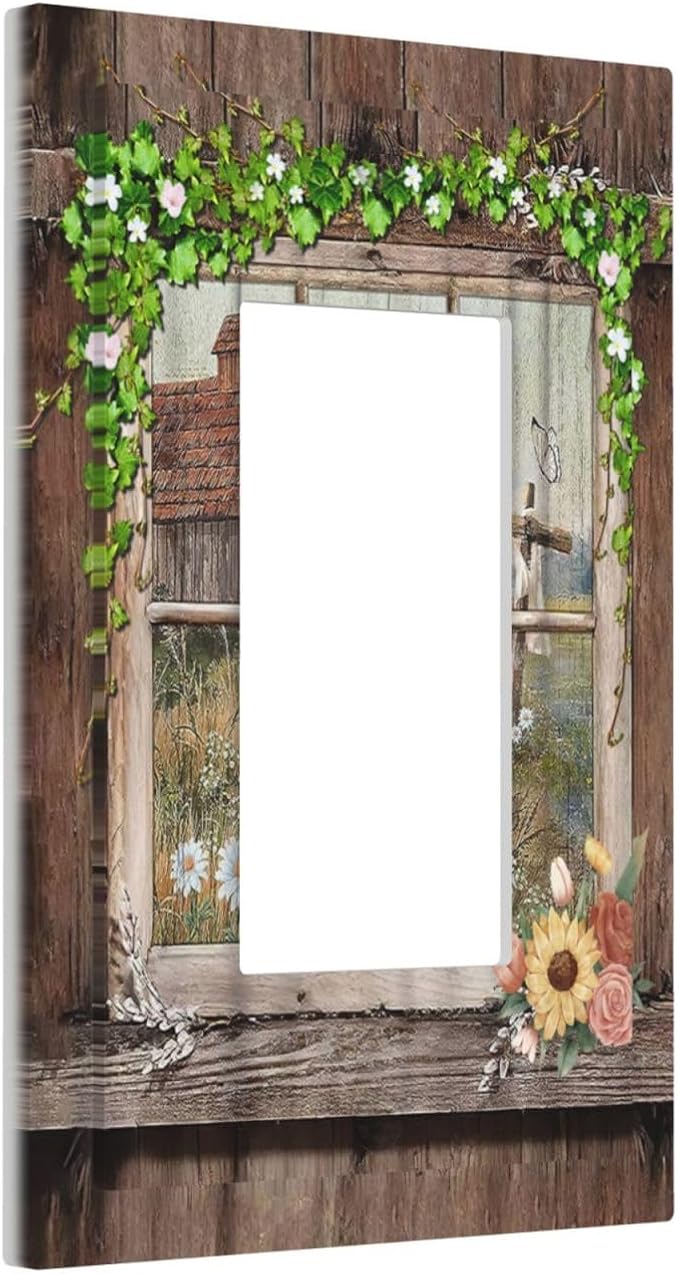 Farm Barn Farmhouse Rustic Country Flower Single Rocker/Decora Light Switch Plate Decorative 1 Gang Outlet Cover Faceplate GFCI Electrical Receptacle Wallplate Dimmer for Bathroom Home Decor