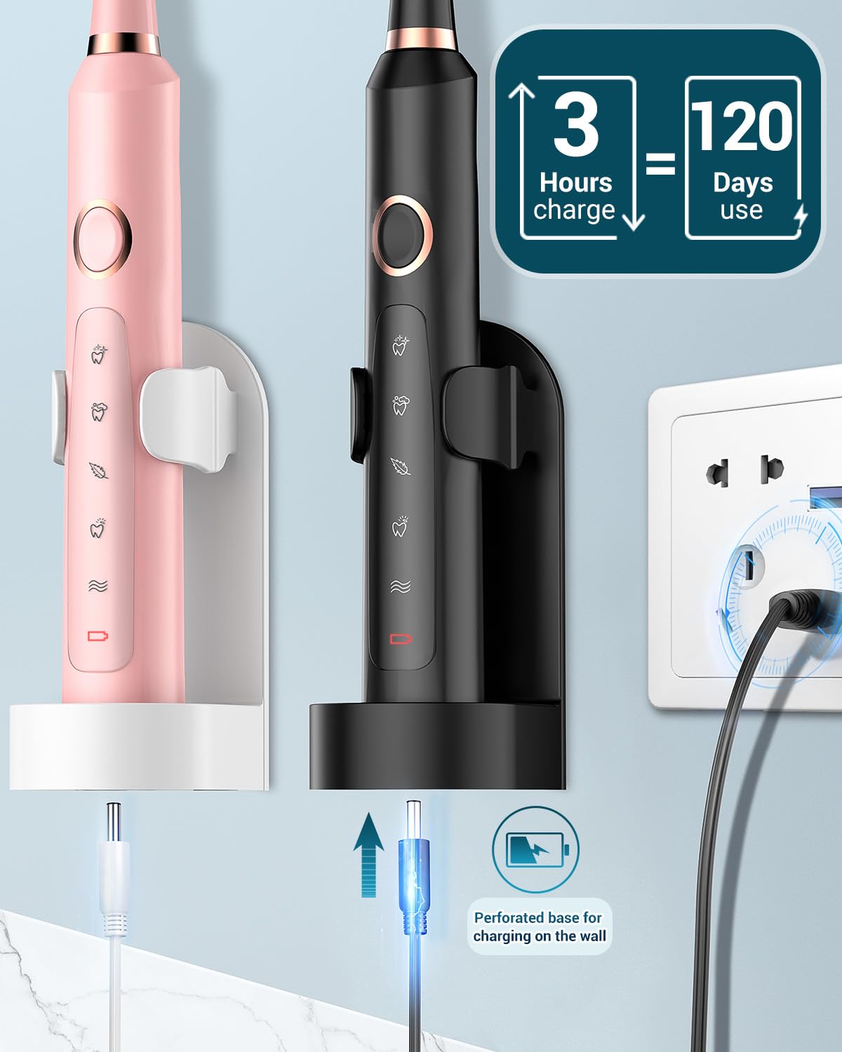 Rtauys M5 Sonic Electric Toothbrush for Adults and Kids - Rechargeable Electric Toothbrush Kids Ages 12+ and Adults with 8 Brush Heads & Travel Case, 120 Days Battery Life - Pink