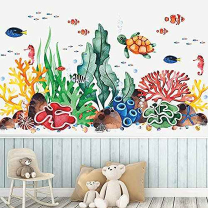 LiveGallery Coral Seaweed Wall Sticker Ocean Life Wall Decals Shell Conch Hippocampus Sea Turtle Tropical Fish Marine Plants Wall Decorations for Kids Bedroom Living Room Nursery Office